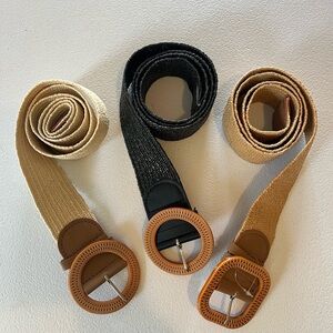 Woven Elastic Waist Belt with Round Buckle - Black, Tan, Cream